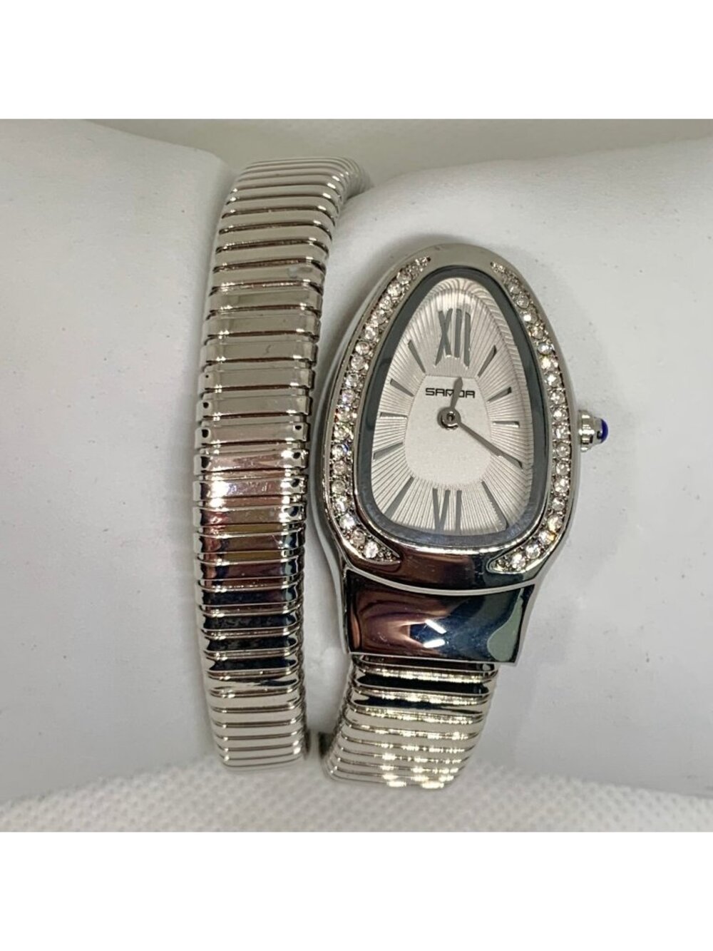 Sanda snake coil bangle women watch silver tone rhinestone 25mm 6.5” running